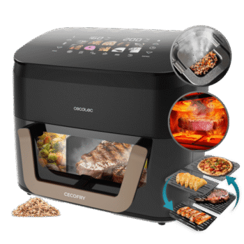 Cecofry&Grill Smokin' 11000 Freidora de aire con triple grill en la parte superior e inferior para dorado perfecto y sabor de parrilla en carnes, ahumador, capacidad de 11 litros, potencia de 2900 W para platos saludables y pared divisoria móvil para optar entre dos cestillos con temperatura dual o convertirse en una sola cubeta.